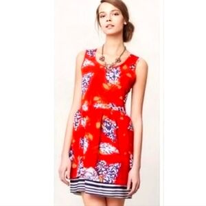 Anthropologie Porridge Petaluma Mini Dress Red Floral Blue Stripes Sz. S
